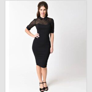 Collectif Black and Sheer Swiss Dot Short Sleeve Wednesday Wiggle Dress Pin Up